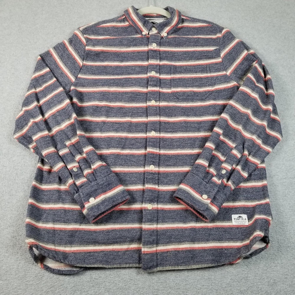 Penfield Button Up Shirt Mens Large L Blue Red Striped Flannel Outdoor Hike Fall